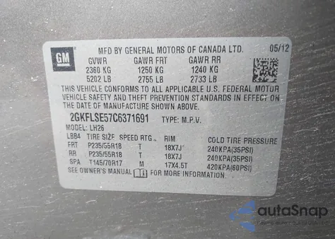 2012 GMC Terrain Sle-2 z USA, uszkodzony, nr VIN 2GKFLSE57C6371691